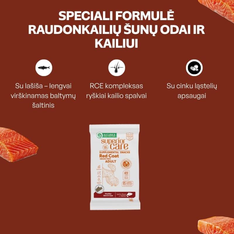 Begrūdis suaugusių, visų veislių raudonkailių šunų pašaro papildas - skanėstai su lašiša