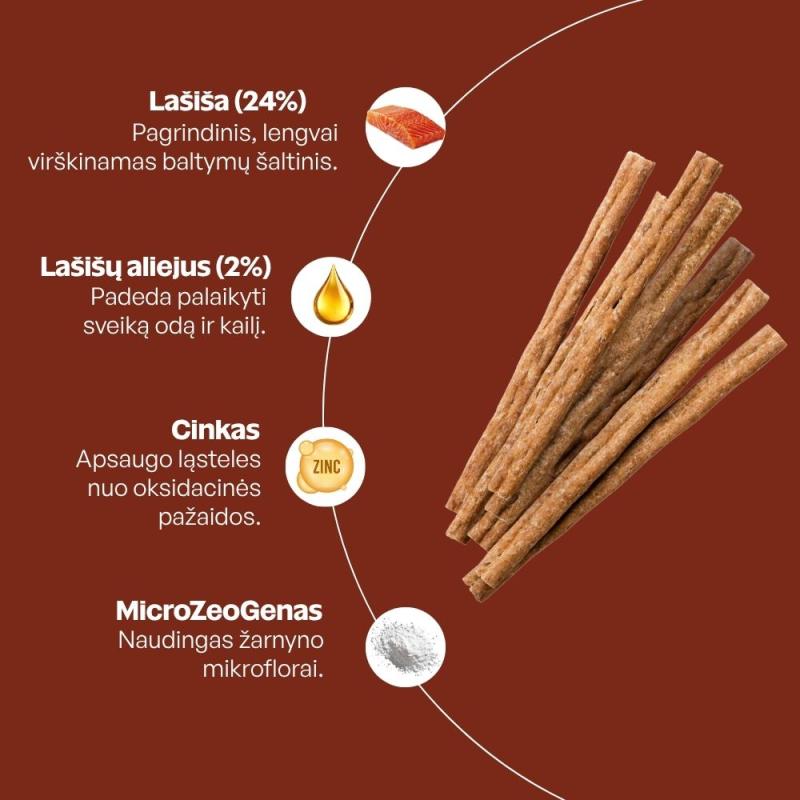 Begrūdis suaugusių, visų veislių raudonkailių šunų pašaro papildas - skanėstai su lašiša