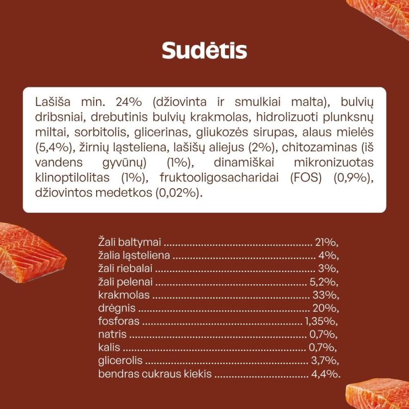 Begrūdis suaugusių, visų veislių raudonkailių šunų pašaro papildas - skanėstai su lašiša
