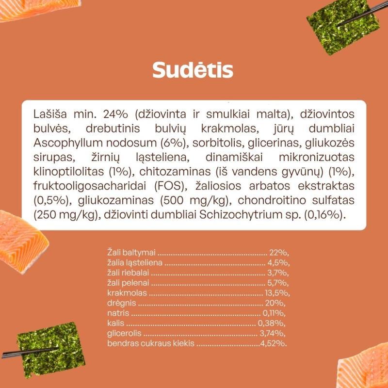 Begrūdis suaugusių šunų pašaro papildas-skanėstas su lašiša