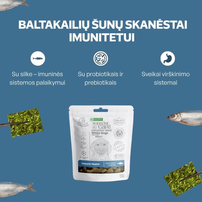 Visų veislių suaugusių baltakailių šunų begrūdis pašaro papildas - skanėstai su silke