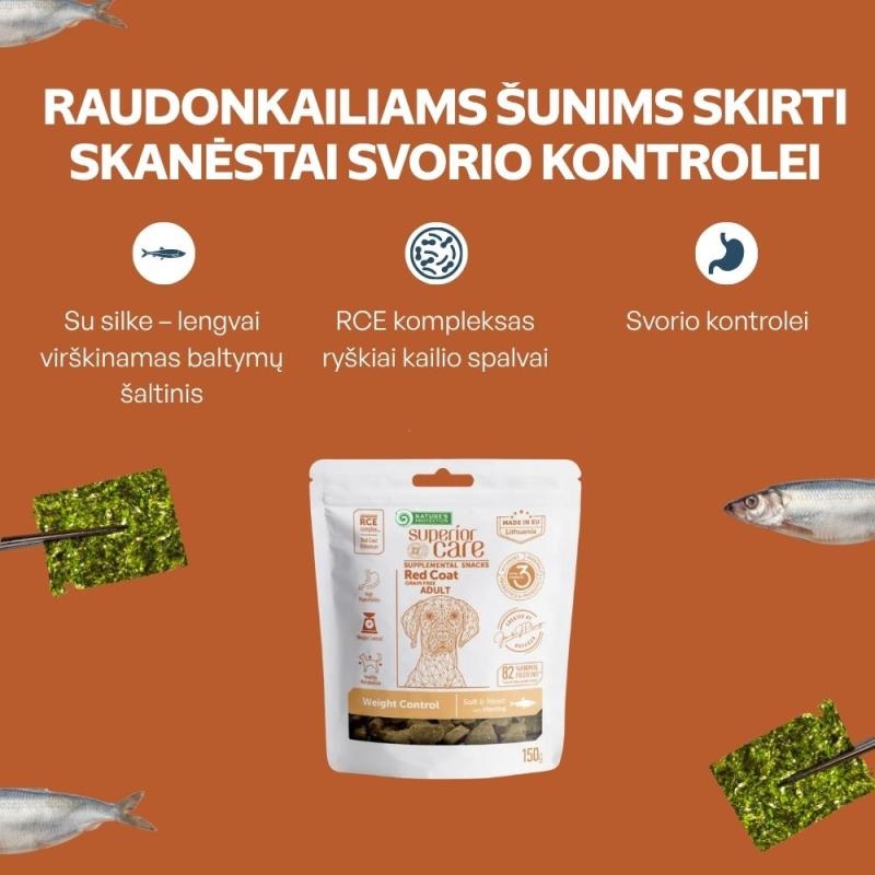 Nature's Protection Superior Care visų veislių suaugusių raudonkailių šunų, svorio kontrolei, begrūdis pašaro papildas - skanėstai su silke