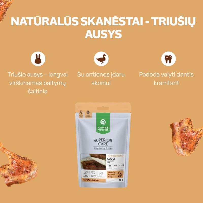Visų veislių suaugusių šunų skanėstas triušio ausis, su antienos įdaru