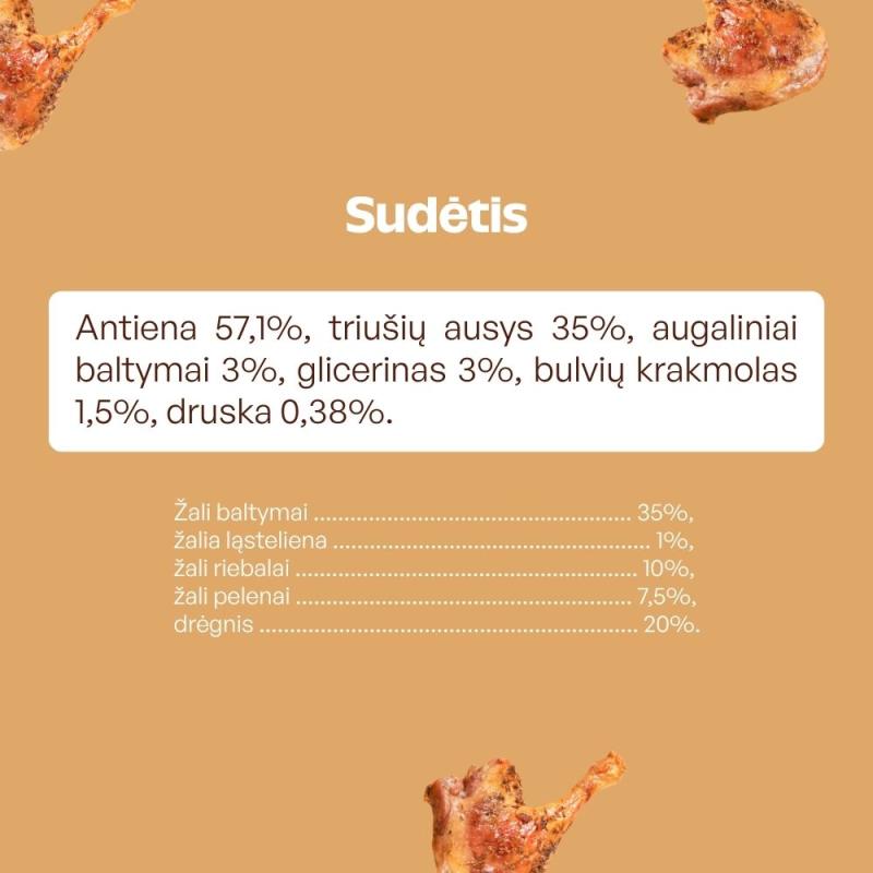 Visų veislių suaugusių šunų skanėstas triušio ausis, su antienos įdaru