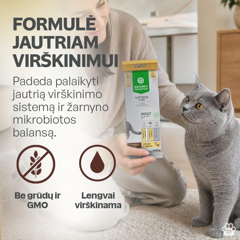 Digestive suaugusių kačių kreminiai funkciniai skanėstai su vištiena ir lašiša