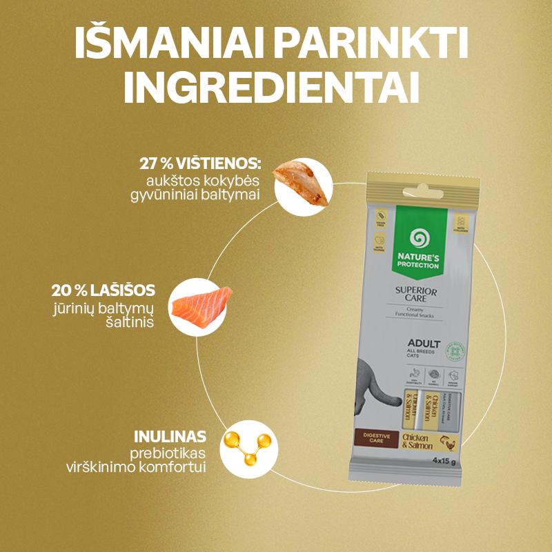 Digestive suaugusių kačių kreminiai funkciniai skanėstai su vištiena ir lašiša