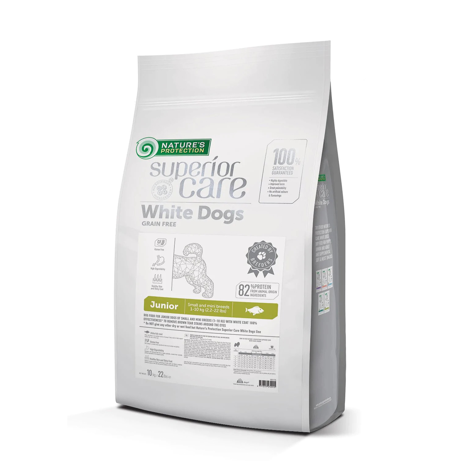 Nature's Protection Superior Care dry grain free food for junior small and mini breed dogs with white coat, with white fish