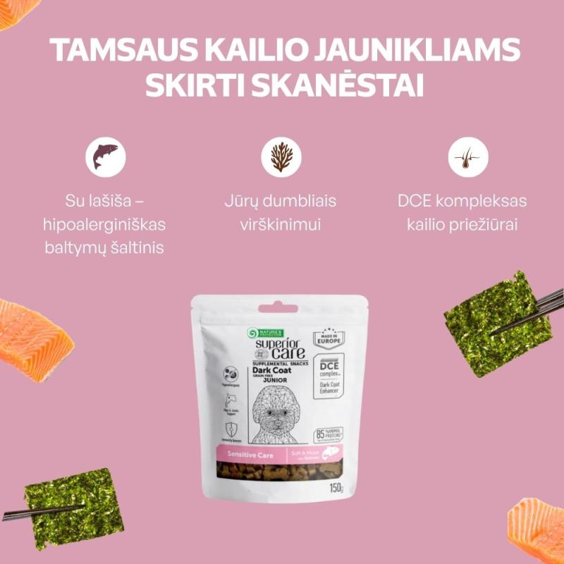 Visų veislių jaunų tamsaus kailio šunų begrūdis pašaro papildas - skanėstai su lašiša