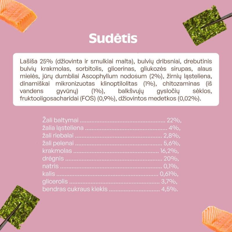 Visų veislių jaunų tamsaus kailio šunų begrūdis pašaro papildas - skanėstai su lašiša