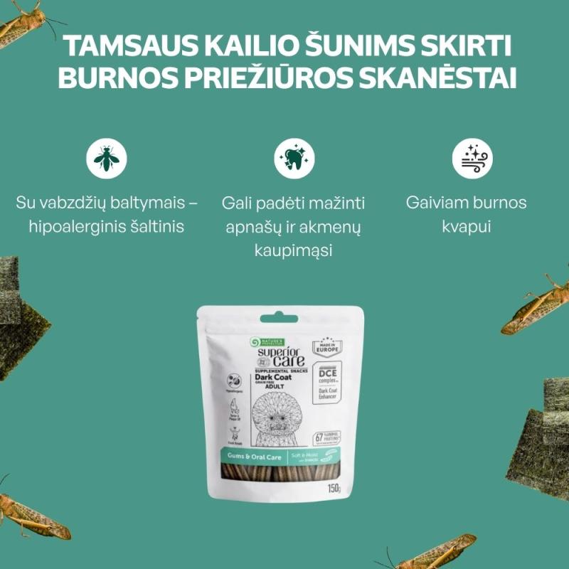 Visų veislių suaugusių tamsaus kailio šunų begrūdis pašaro papildas - skanėstai su vabzdžiais