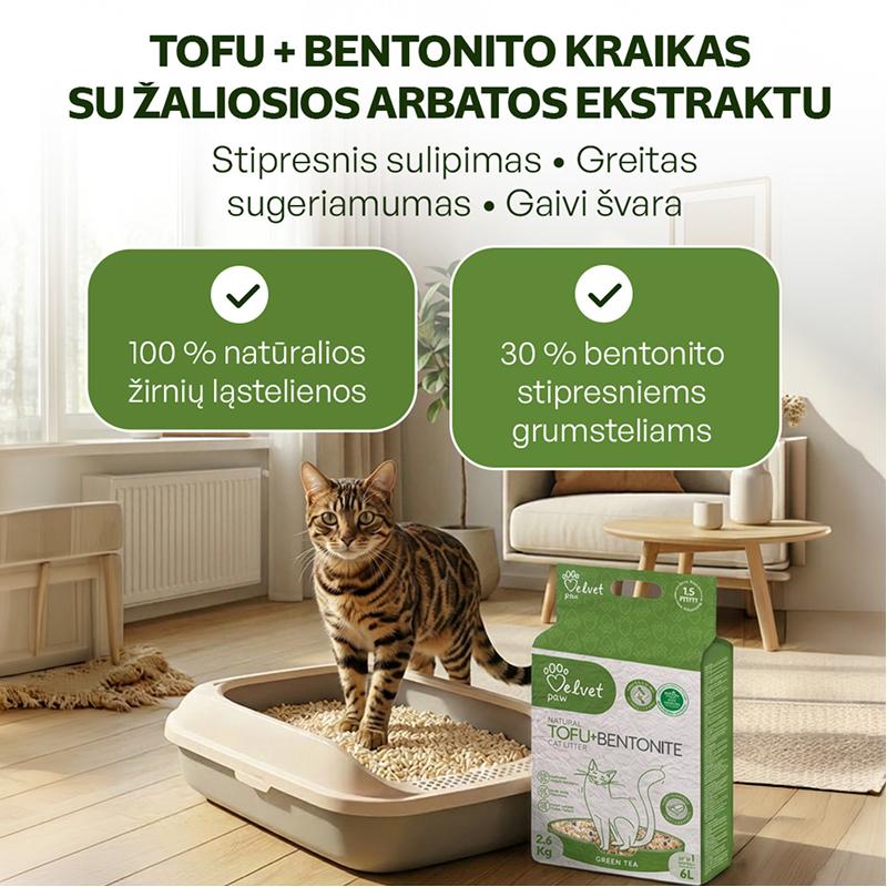 Kačių kraikas su bentonitu ir žaliosios arbatos ekstraktu