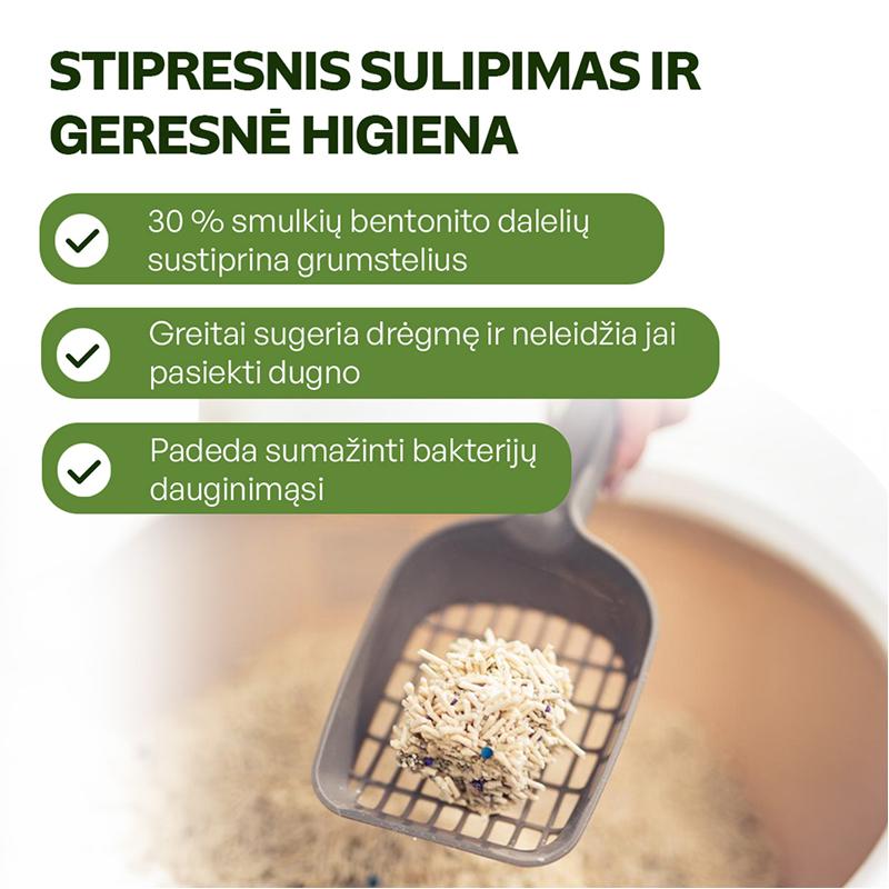 Kačių kraikas su bentonitu ir žaliosios arbatos ekstraktu