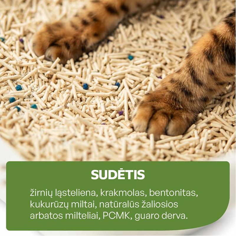 Kačių kraikas su bentonitu ir žaliosios arbatos ekstraktu