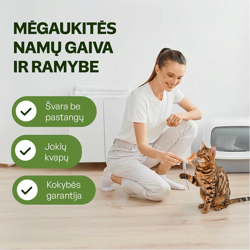 Kačių kraikas su bentonitu ir žaliosios arbatos ekstraktu