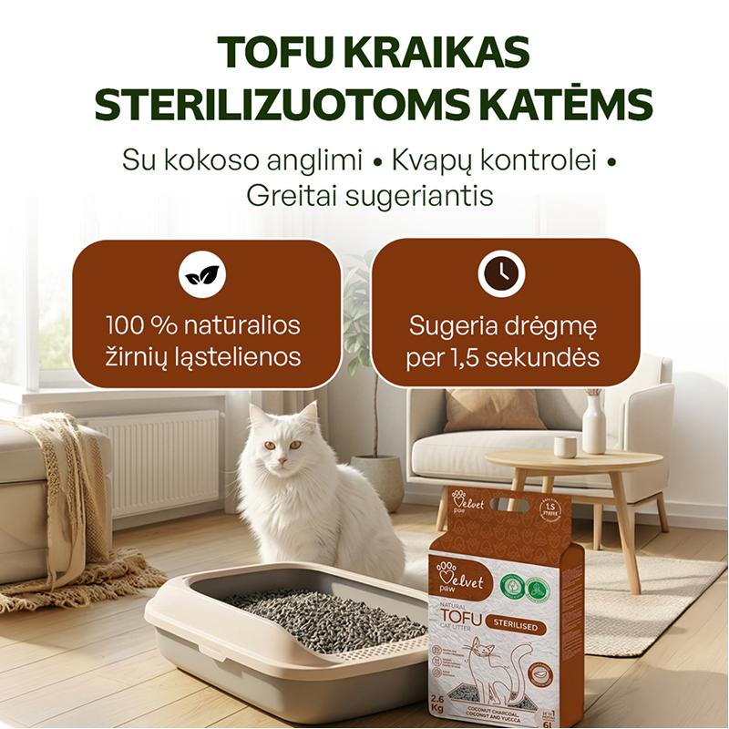 Sterilizuotų kačių kraikas su kokoso anglimi, kokosų ir migdolų esencija