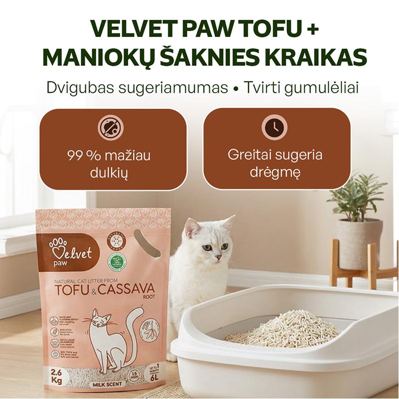 Natūralus tofu ir manioko šaknies kačių kraikas
