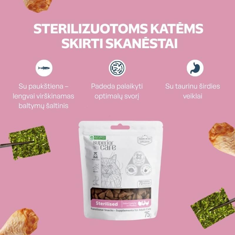 Nature's Protection Superior Care suaugusių sterilizuotų kačių pašaro papildas – skanėstai su paukštiena