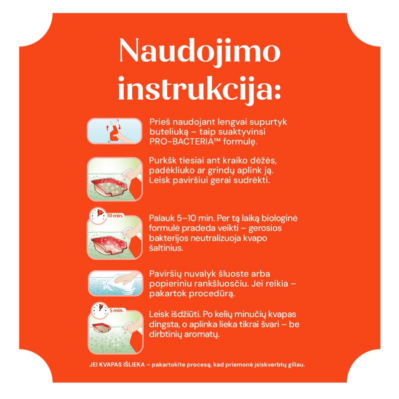 Kačių kraiko kvapų ir dėmių šalinimo priemonė
