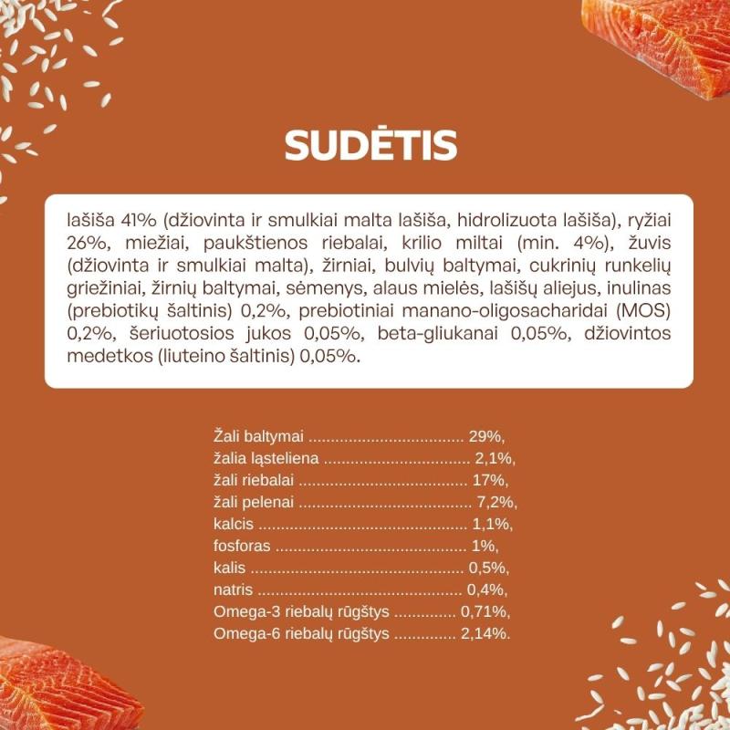 Visų dydžių ir amžiaus grupių raudonkailių šunų sausas pašaras su lašiša, kriliu ir ryžiais