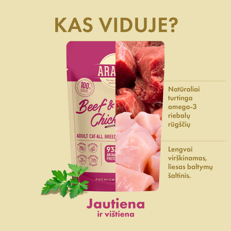 Visų veislių suaugusių kačių šlapias pašaras su jautiena ir vištiena